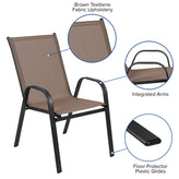 Brazos 7 Piece Outdoor Patio Dining Set - 55" Tempered Glass Patio Table with Umbrella Hole, 6 Brown Flex Comfort Stack Chairs