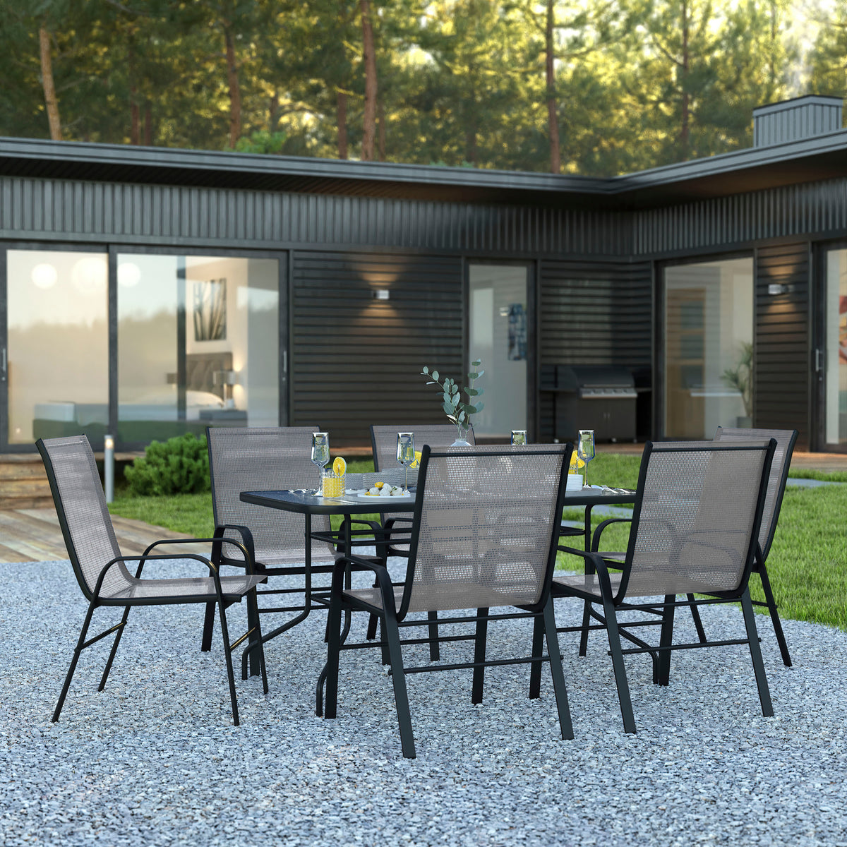 Brazos 7 Piece Outdoor Patio Dining Set - 55" Tempered Glass Patio Table with Umbrella Hole, 6 Gray Flex Comfort Stack Chairs