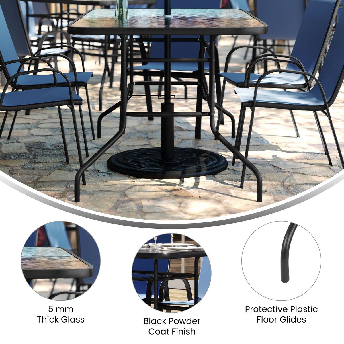 Brazos 5 Piece Outdoor Patio Dining Set - 55" Tempered Glass Patio Table with Umbrella Hole, 4 Navy Flex Comfort Stack Chairs
