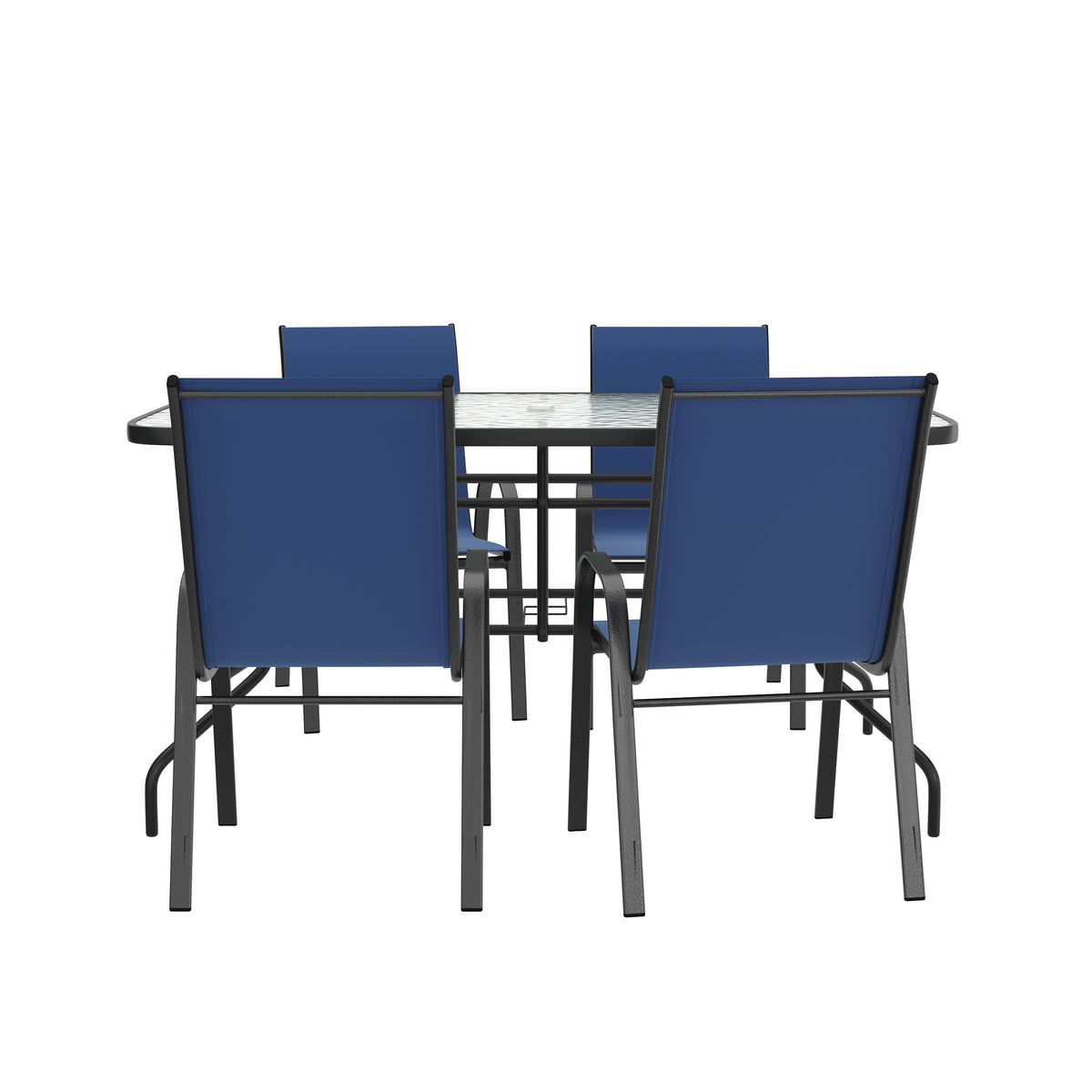 Brazos 5 Piece Outdoor Patio Dining Set - 55" Tempered Glass Patio Table with Umbrella Hole, 4 Navy Flex Comfort Stack Chairs