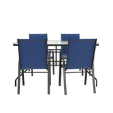 Brazos 5 Piece Outdoor Patio Dining Set - 55" Tempered Glass Patio Table with Umbrella Hole, 4 Navy Flex Comfort Stack Chairs