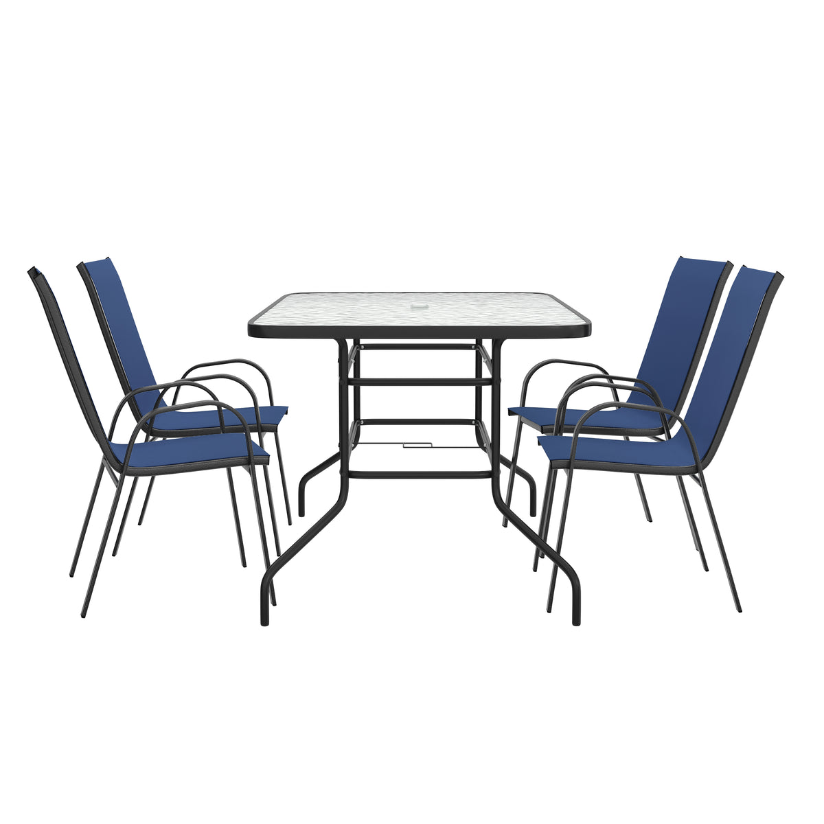 Brazos 5 Piece Outdoor Patio Dining Set - 55" Tempered Glass Patio Table with Umbrella Hole, 4 Navy Flex Comfort Stack Chairs