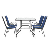 Brazos 5 Piece Outdoor Patio Dining Set - 55" Tempered Glass Patio Table with Umbrella Hole, 4 Navy Flex Comfort Stack Chairs