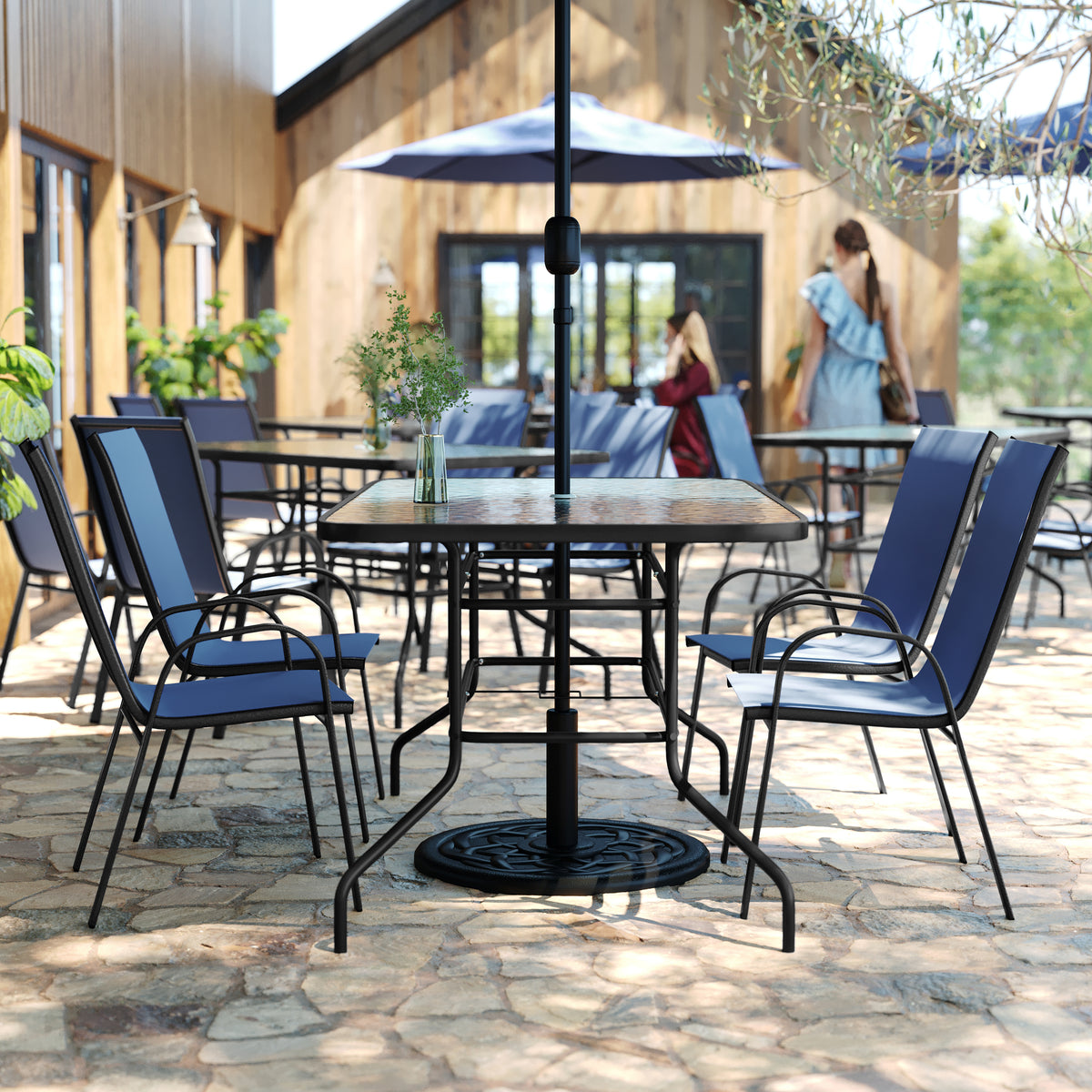 Brazos 5 Piece Outdoor Patio Dining Set - 55" Tempered Glass Patio Table with Umbrella Hole, 4 Navy Flex Comfort Stack Chairs