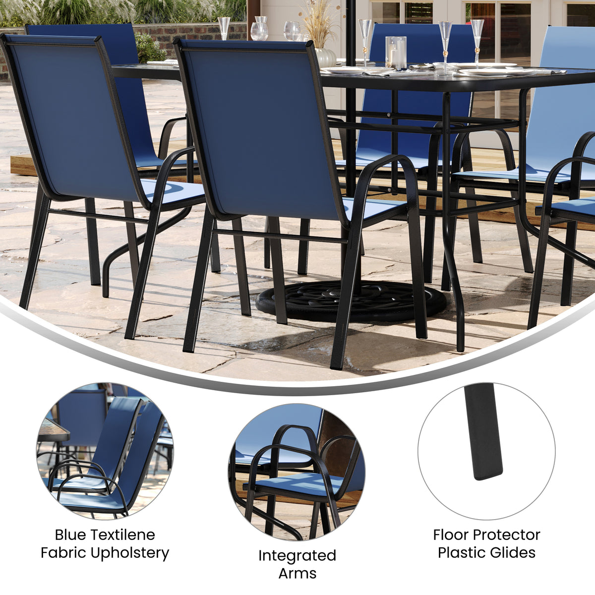 Brazos 7 Piece Outdoor Patio Dining Set - 55" Tempered Glass Patio Table with Umbrella Hole, 6 Navy Flex Comfort Stack Chairs