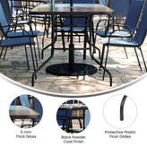 Brazos 7 Piece Outdoor Patio Dining Set - 55" Tempered Glass Patio Table with Umbrella Hole, 6 Navy Flex Comfort Stack Chairs