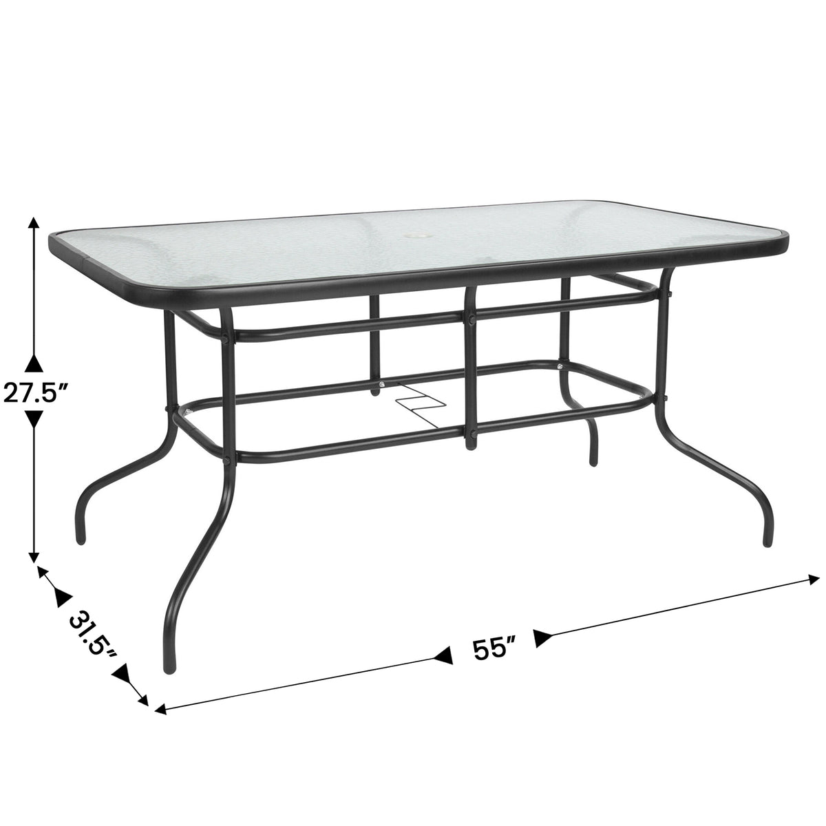 Brazos 7 Piece Outdoor Patio Dining Set - 55" Tempered Glass Patio Table with Umbrella Hole, 6 Navy Flex Comfort Stack Chairs