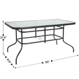 Brazos 7 Piece Outdoor Patio Dining Set - 55" Tempered Glass Patio Table with Umbrella Hole, 6 Navy Flex Comfort Stack Chairs