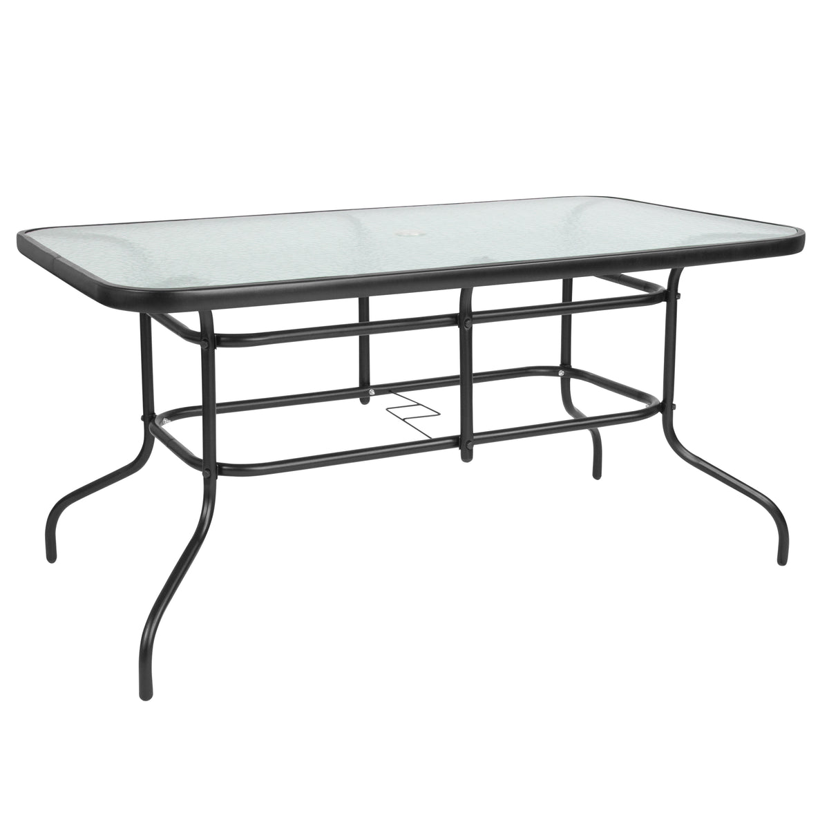 Brazos 7 Piece Outdoor Patio Dining Set - 55" Tempered Glass Patio Table with Umbrella Hole, 6 Navy Flex Comfort Stack Chairs