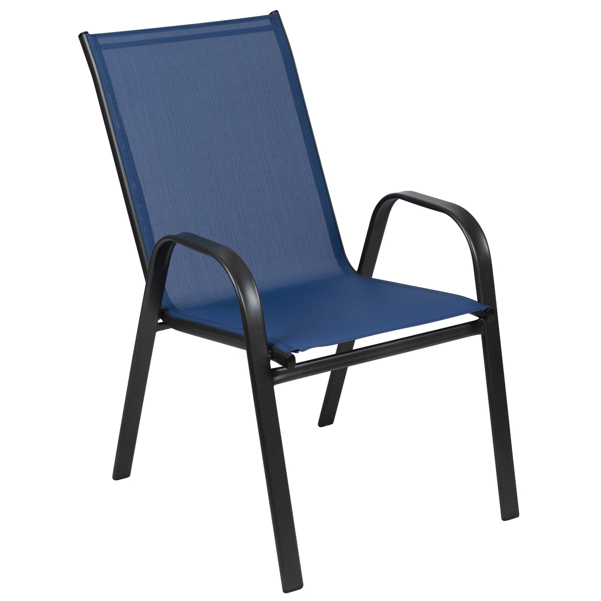Brazos 7 Piece Outdoor Patio Dining Set - 55" Tempered Glass Patio Table with Umbrella Hole, 6 Navy Flex Comfort Stack Chairs