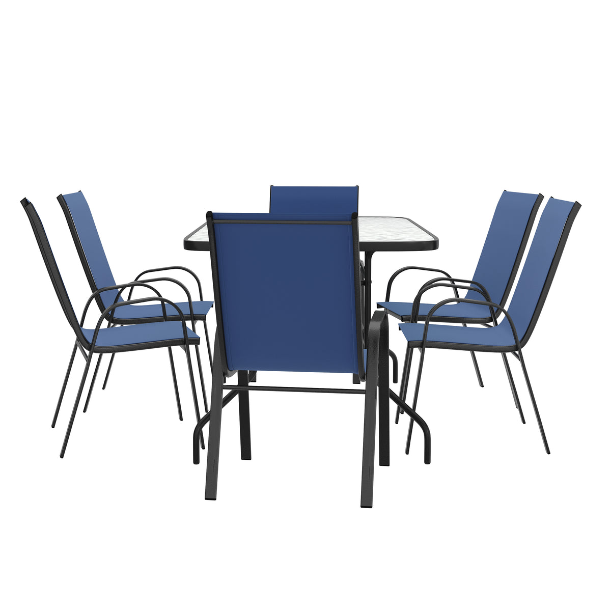 Brazos 7 Piece Outdoor Patio Dining Set - 55" Tempered Glass Patio Table with Umbrella Hole, 6 Navy Flex Comfort Stack Chairs