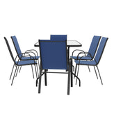 Brazos 7 Piece Outdoor Patio Dining Set - 55" Tempered Glass Patio Table with Umbrella Hole, 6 Navy Flex Comfort Stack Chairs