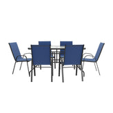 Brazos 7 Piece Outdoor Patio Dining Set - 55" Tempered Glass Patio Table with Umbrella Hole, 6 Navy Flex Comfort Stack Chairs