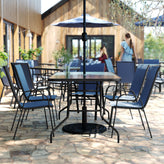 Brazos 7 Piece Outdoor Patio Dining Set - 55" Tempered Glass Patio Table with Umbrella Hole, 6 Navy Flex Comfort Stack Chairs
