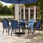 Brazos 7 Piece Outdoor Patio Dining Set - 55" Tempered Glass Patio Table with Umbrella Hole, 6 Navy Flex Comfort Stack Chairs