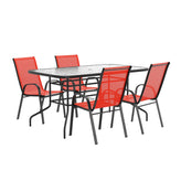 Brazos 5 Piece Outdoor Patio Dining Set - 55" Tempered Glass Patio Table with Umbrella Hole, 4 Red Flex Comfort Stack Chairs