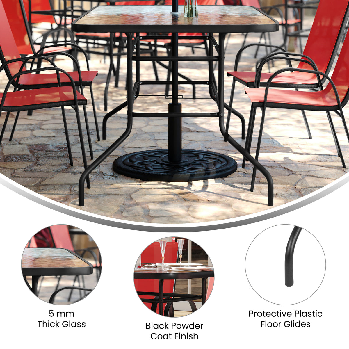 Brazos 5 Piece Outdoor Patio Dining Set - 55" Tempered Glass Patio Table with Umbrella Hole, 4 Red Flex Comfort Stack Chairs