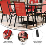 Brazos 5 Piece Outdoor Patio Dining Set - 55" Tempered Glass Patio Table with Umbrella Hole, 4 Red Flex Comfort Stack Chairs