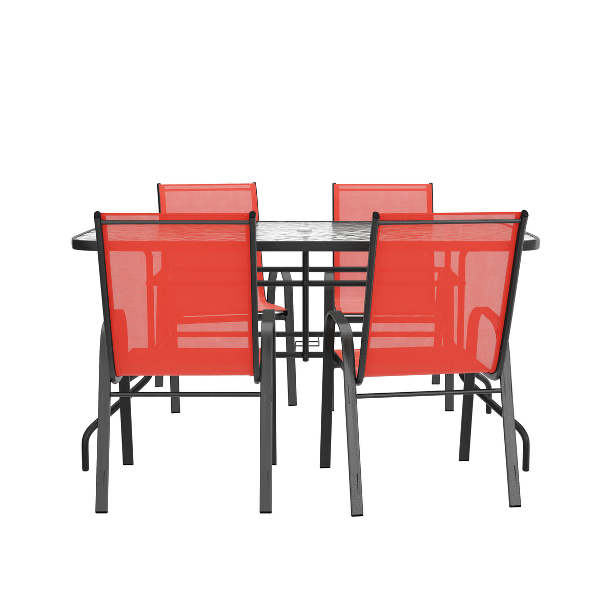 Brazos 5 Piece Outdoor Patio Dining Set - 55" Tempered Glass Patio Table with Umbrella Hole, 4 Red Flex Comfort Stack Chairs
