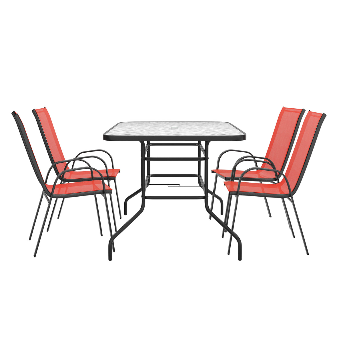 Brazos 5 Piece Outdoor Patio Dining Set - 55" Tempered Glass Patio Table with Umbrella Hole, 4 Red Flex Comfort Stack Chairs