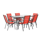 Brazos 7 Piece Outdoor Patio Dining Set - 55" Tempered Glass Patio Table with Umbrella Hole, 6 Red Flex Comfort Stack Chairs