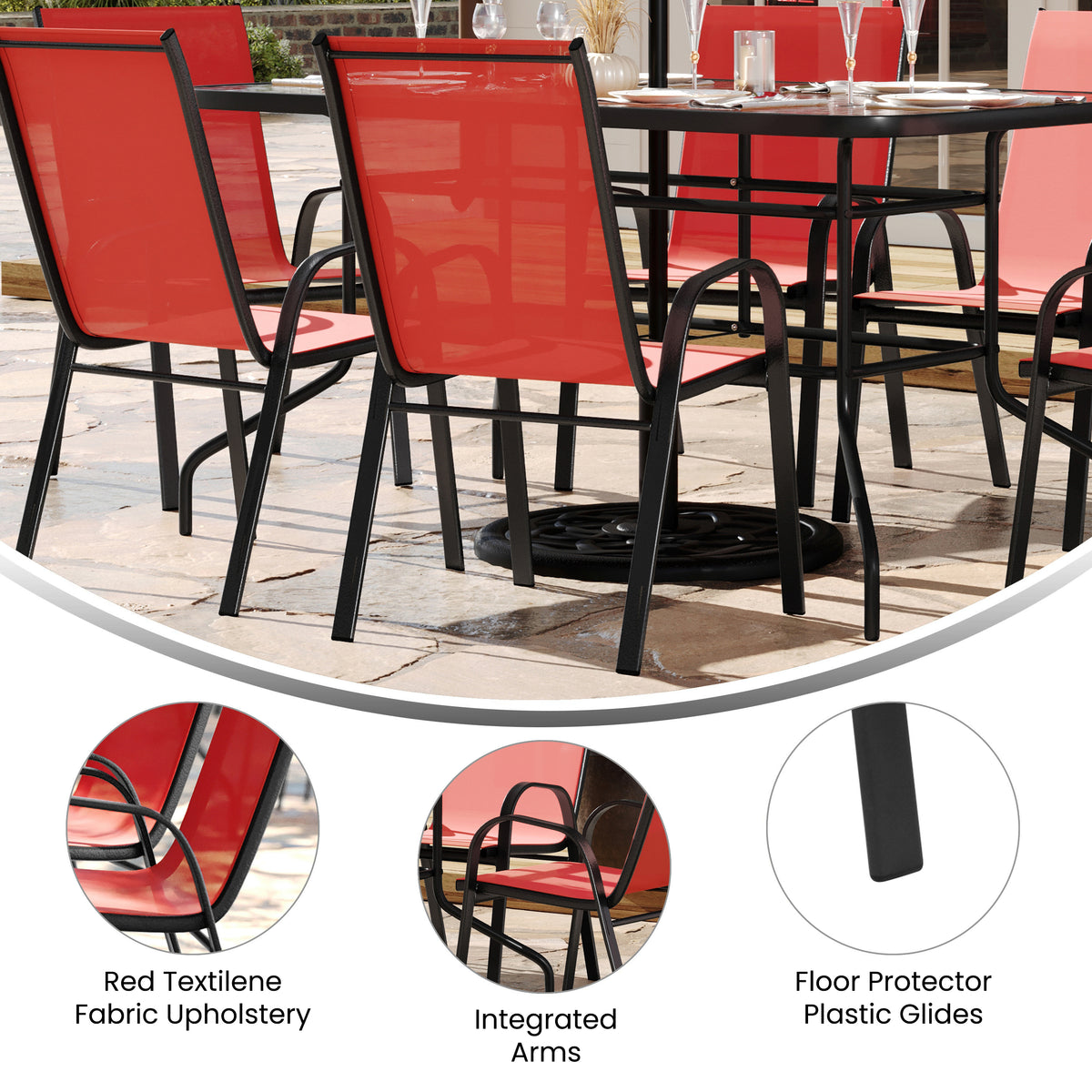 Brazos 7 Piece Outdoor Patio Dining Set - 55" Tempered Glass Patio Table with Umbrella Hole, 6 Red Flex Comfort Stack Chairs