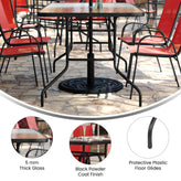 Brazos 7 Piece Outdoor Patio Dining Set - 55" Tempered Glass Patio Table with Umbrella Hole, 6 Red Flex Comfort Stack Chairs
