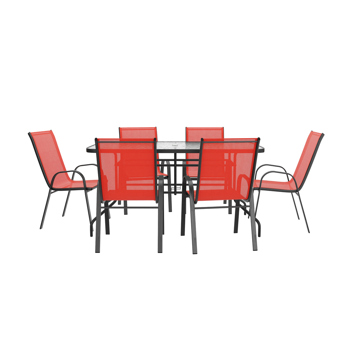 Brazos 7 Piece Outdoor Patio Dining Set - 55" Tempered Glass Patio Table with Umbrella Hole, 6 Red Flex Comfort Stack Chairs