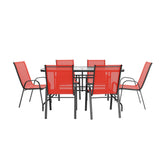 Brazos 7 Piece Outdoor Patio Dining Set - 55" Tempered Glass Patio Table with Umbrella Hole, 6 Red Flex Comfort Stack Chairs