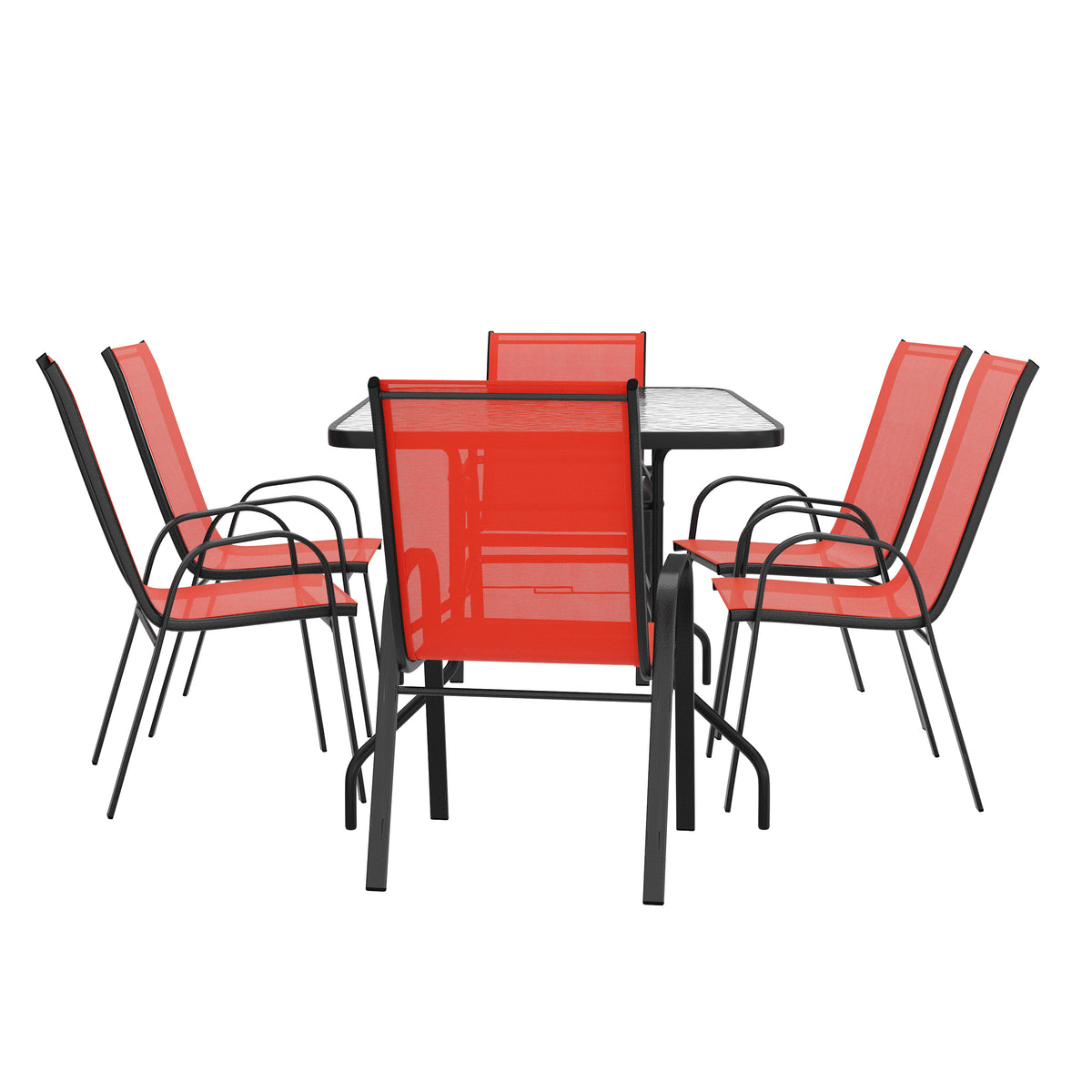 Brazos 7 Piece Outdoor Patio Dining Set - 55" Tempered Glass Patio Table with Umbrella Hole, 6 Red Flex Comfort Stack Chairs