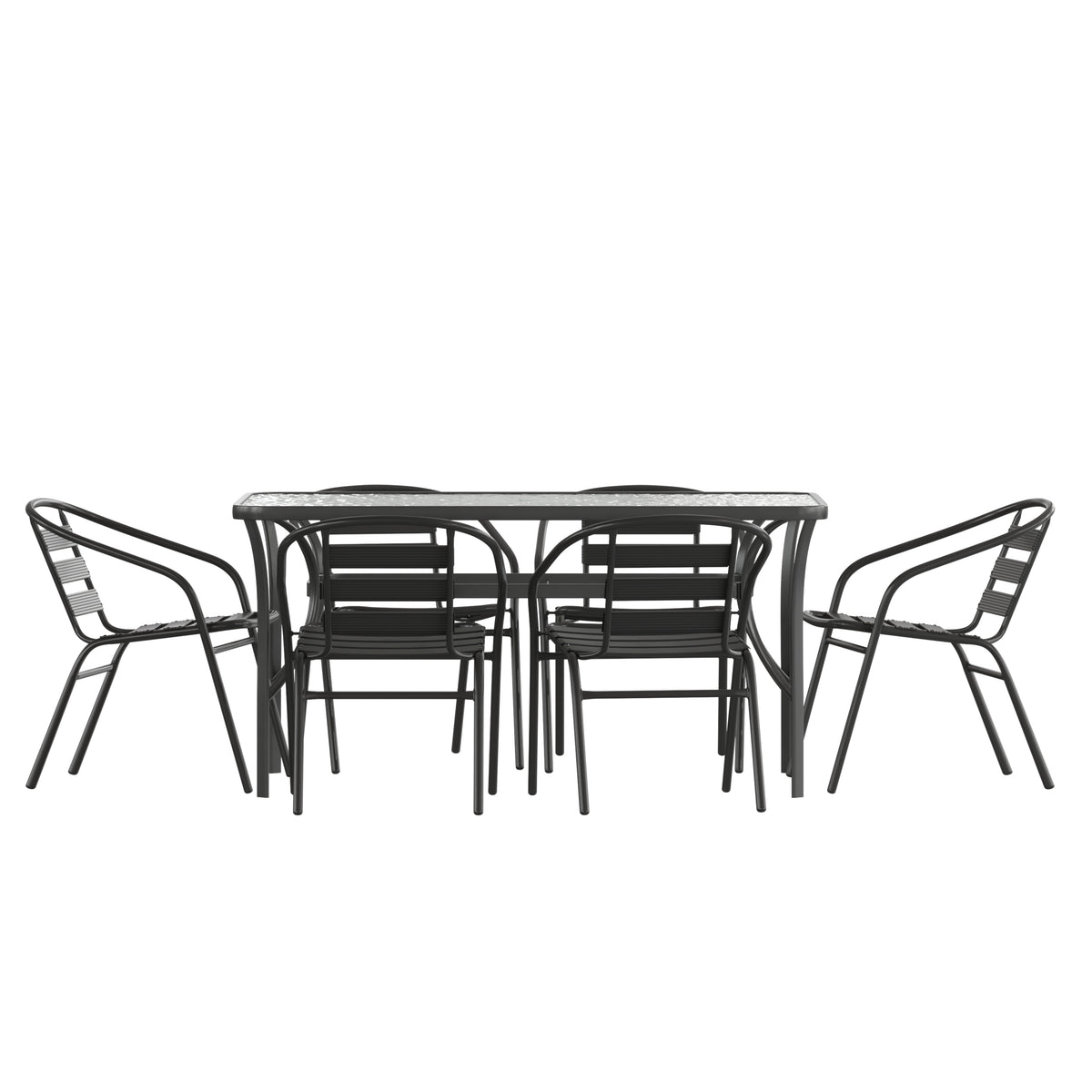 Lila 7 Piece Commercial Outdoor Patio Dining Set with 60" Tempered Glass Patio Table with Umbrella Hole and 6 Black Triple Slat Chairs