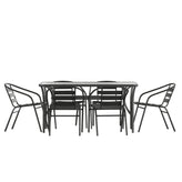 Lila 7 Piece Commercial Outdoor Patio Dining Set with 60" Tempered Glass Patio Table with Umbrella Hole and 6 Black Triple Slat Chairs
