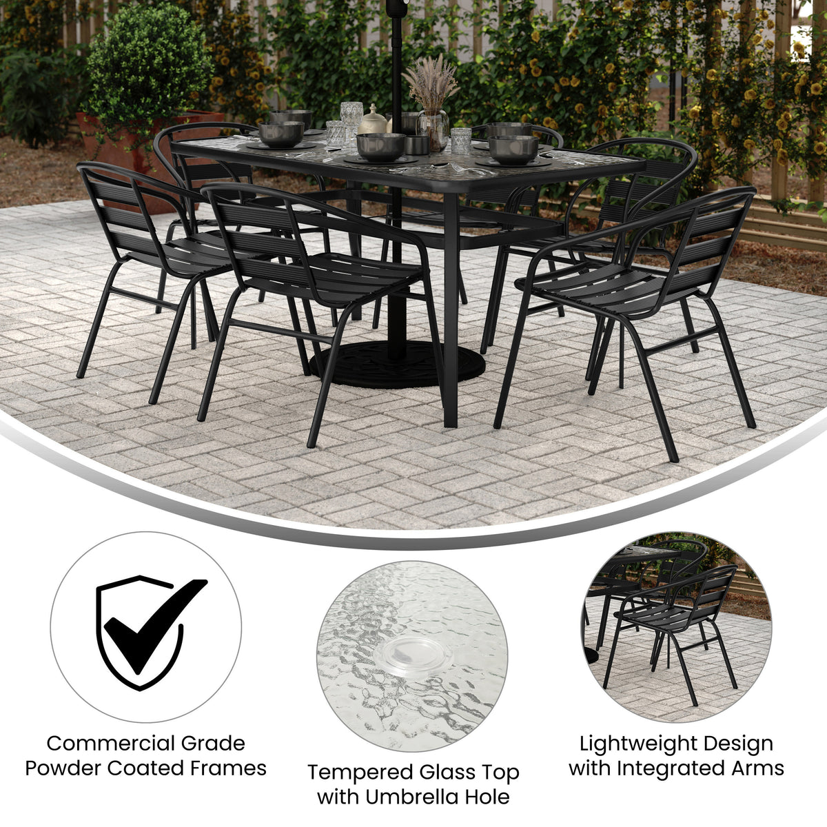 Lila 7 Piece Commercial Outdoor Patio Dining Set with 60" Tempered Glass Patio Table with Umbrella Hole and 6 Black Triple Slat Chairs