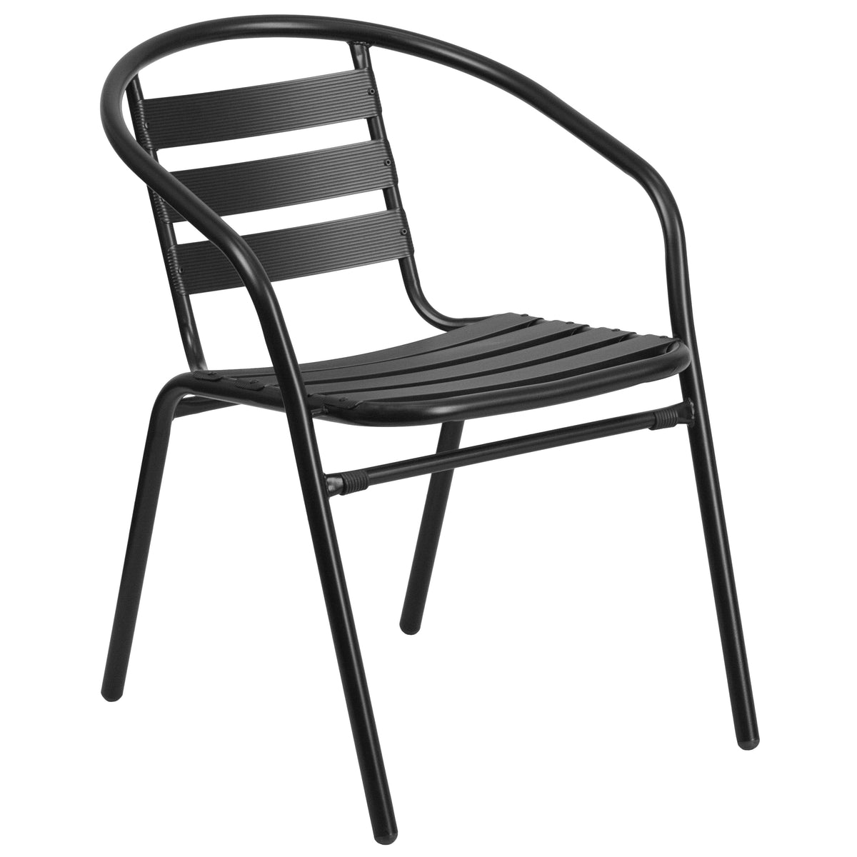 Lila 7 Piece Commercial Outdoor Patio Dining Set with 60" Tempered Glass Patio Table with Umbrella Hole and 6 Black Triple Slat Chairs