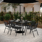 Lila 7 Piece Commercial Outdoor Patio Dining Set with 60" Tempered Glass Patio Table with Umbrella Hole and 6 Black Triple Slat Chairs