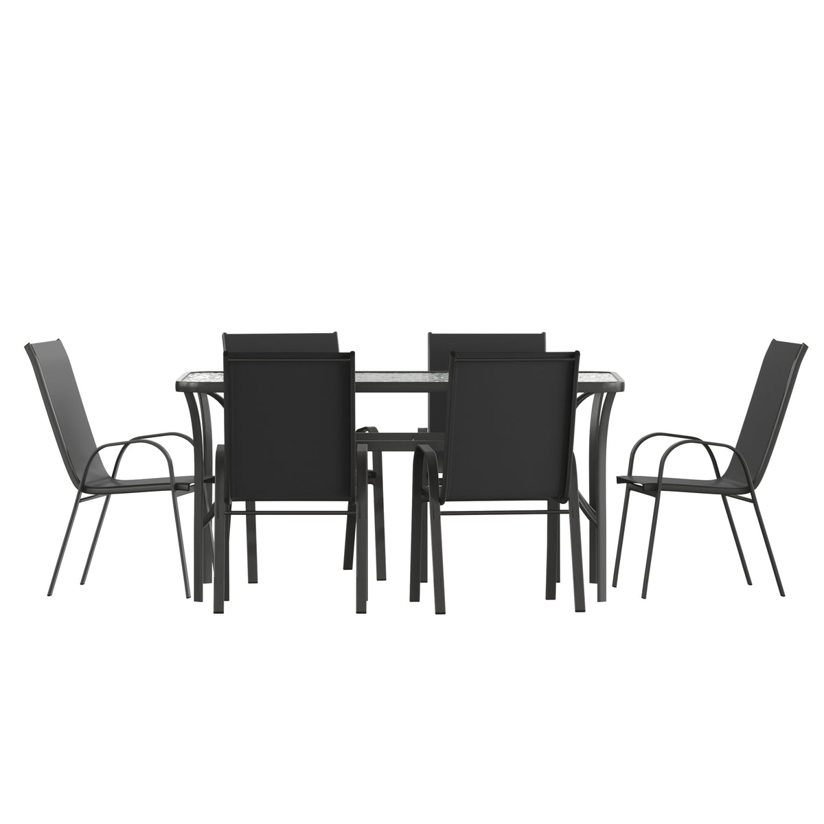 Brazos 7 Piece Commercial Grade Patio Dining Set with Tempered Glass Patio Table and 6 Chairs with Black Flex Comfort Material Seats and Backs