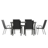 Brazos 7 Piece Commercial Grade Patio Dining Set with Tempered Glass Patio Table and 6 Chairs with Black Flex Comfort Material Seats and Backs