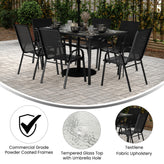 Brazos 7 Piece Commercial Grade Patio Dining Set with Tempered Glass Patio Table and 6 Chairs with Black Flex Comfort Material Seats and Backs