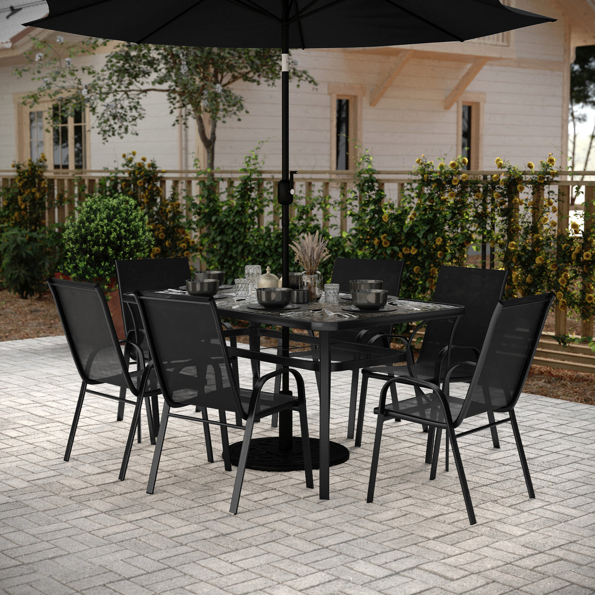 Brazos 7 Piece Commercial Grade Patio Dining Set with Tempered Glass Patio Table and 6 Chairs with Black Flex Comfort Material Seats and Backs