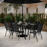 Brazos 7 Piece Commercial Grade Patio Dining Set with Tempered Glass Patio Table and 6 Chairs with Black Flex Comfort Material Seats and Backs