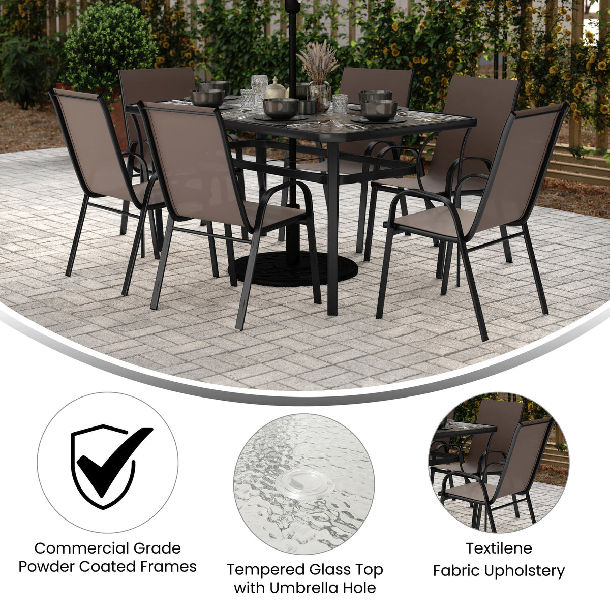Brazos 7 Piece Commercial Grade Patio Dining Set with Tempered Glass Patio Table and 6 Chairs with Brown Flex Comfort Material Seats and Backs