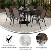 Brazos 7 Piece Commercial Grade Patio Dining Set with Tempered Glass Patio Table and 6 Chairs with Brown Flex Comfort Material Seats and Backs