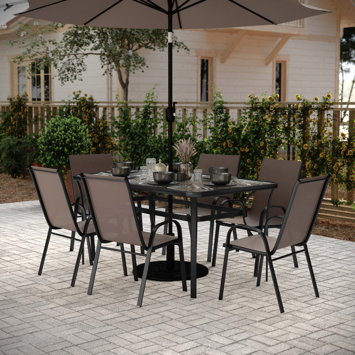 Brazos 7 Piece Commercial Grade Patio Dining Set with Tempered Glass Patio Table and 6 Chairs with Brown Flex Comfort Material Seats and Backs