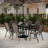 Brazos 7 Piece Commercial Grade Patio Dining Set with Tempered Glass Patio Table and 6 Chairs with Brown Flex Comfort Material Seats and Backs