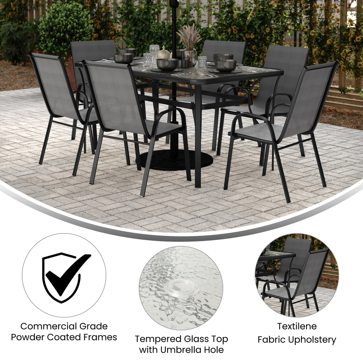 Brazos 7 Piece Commercial Grade Patio Dining Set with Tempered Glass Patio Table and 6 Chairs with Gray Flex Comfort Material Seats and Backs