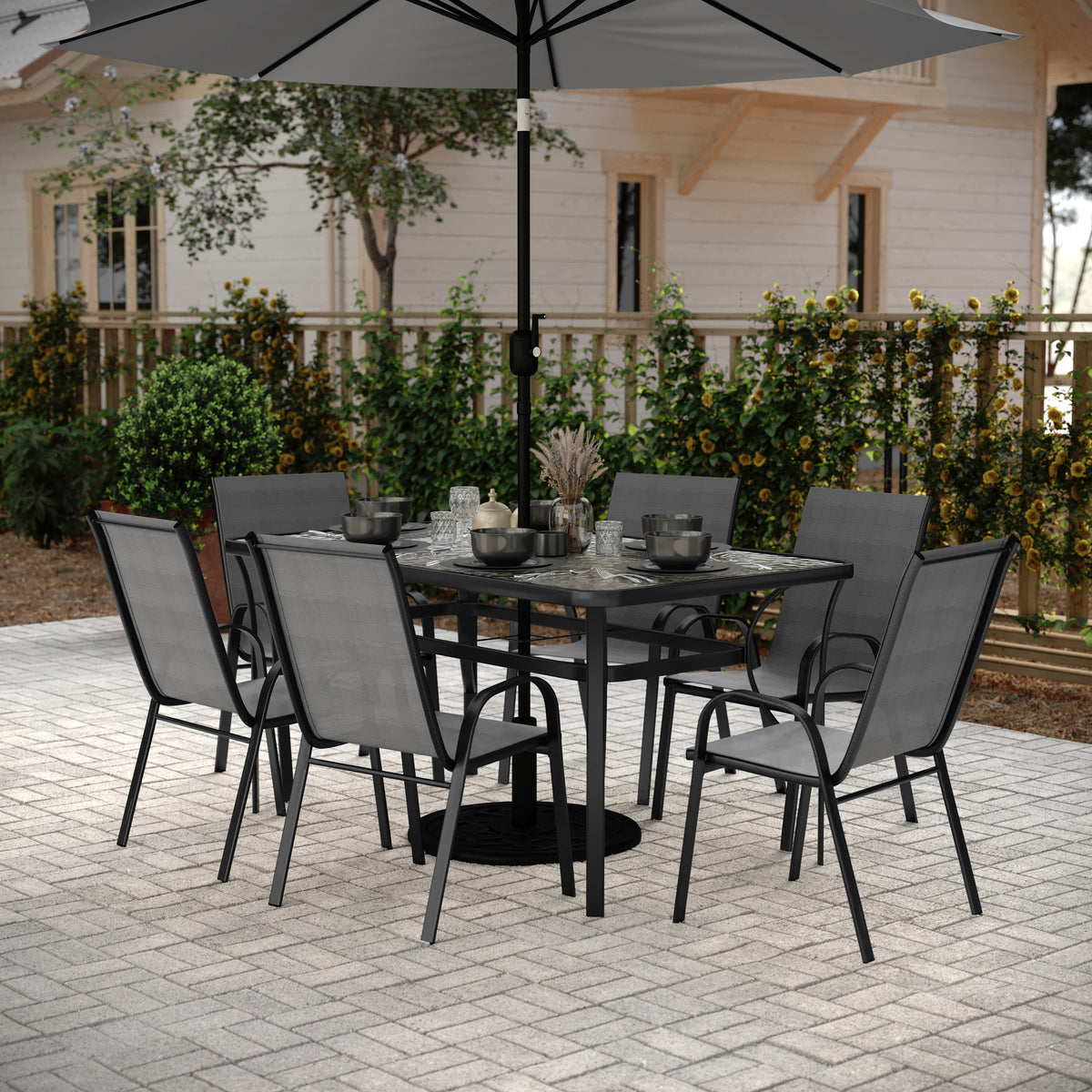 Brazos 7 Piece Commercial Grade Patio Dining Set with Tempered Glass Patio Table and 6 Chairs with Gray Flex Comfort Material Seats and Backs