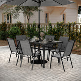 Brazos 7 Piece Commercial Grade Patio Dining Set with Tempered Glass Patio Table and 6 Chairs with Gray Flex Comfort Material Seats and Backs