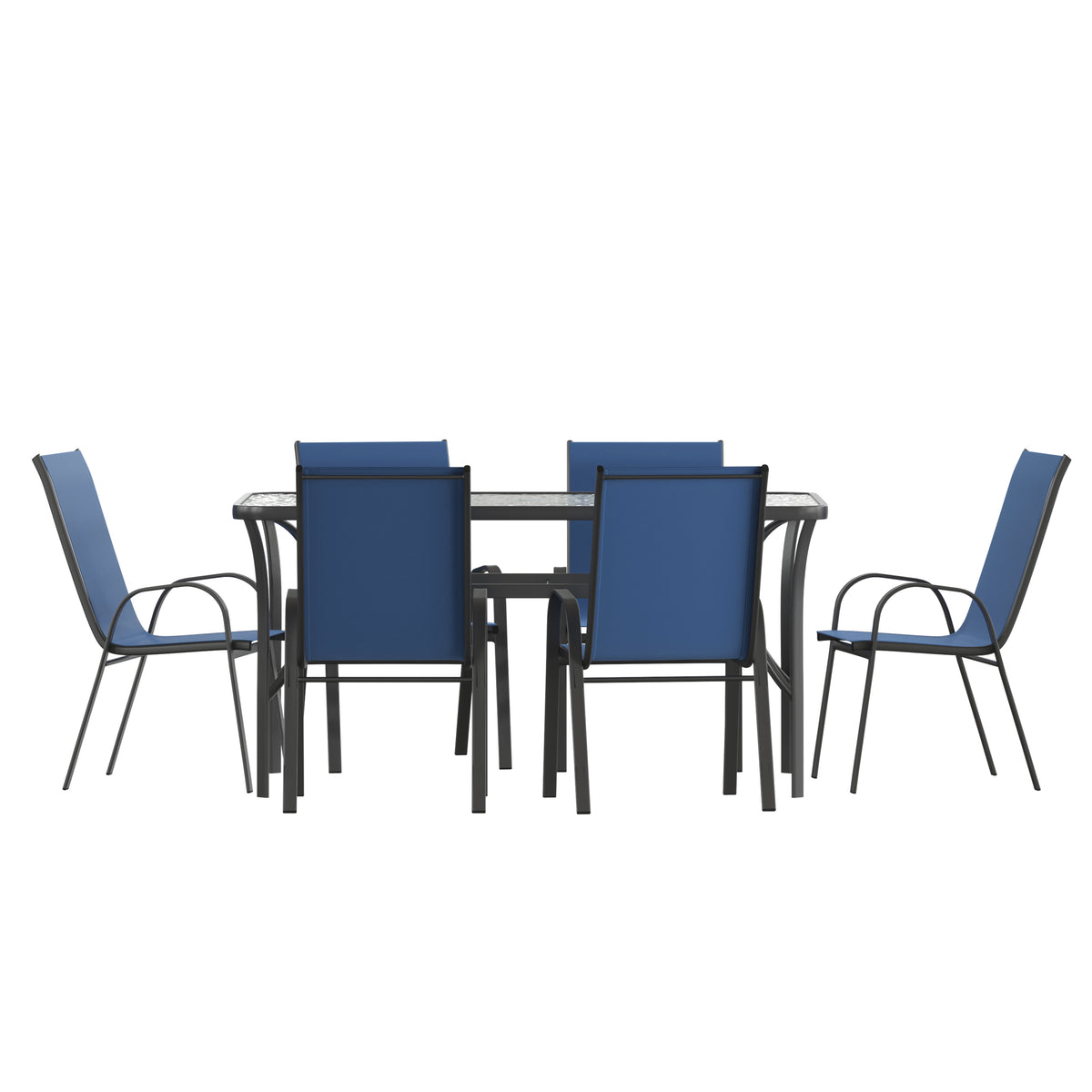 Brazos 7 Piece Commercial Grade Patio Dining Set with Tempered Glass Patio Table and 6 Chairs with Navy Flex Comfort Material Seats and Backs