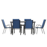 Brazos 7 Piece Commercial Grade Patio Dining Set with Tempered Glass Patio Table and 6 Chairs with Navy Flex Comfort Material Seats and Backs