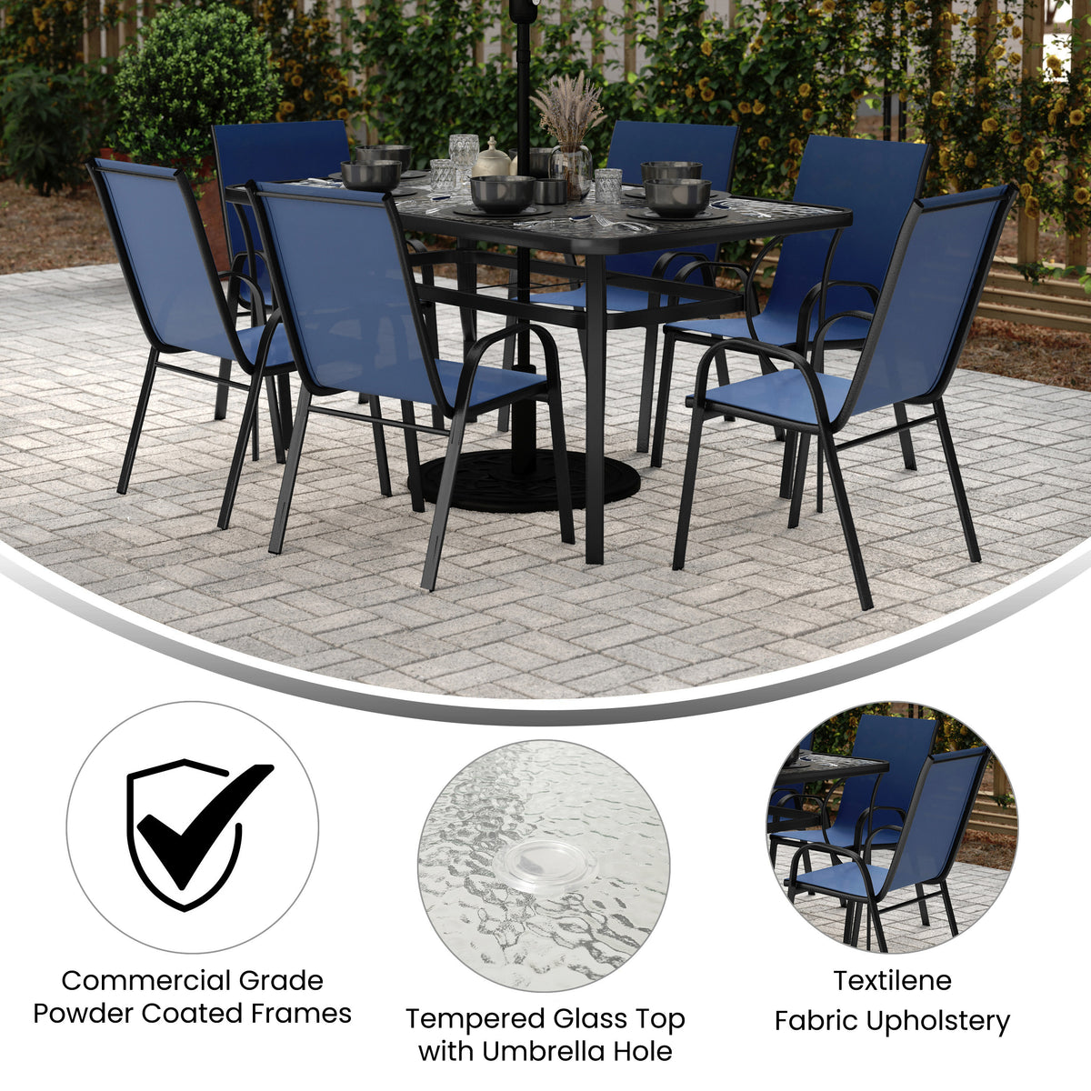 Brazos 7 Piece Commercial Grade Patio Dining Set with Tempered Glass Patio Table and 6 Chairs with Navy Flex Comfort Material Seats and Backs